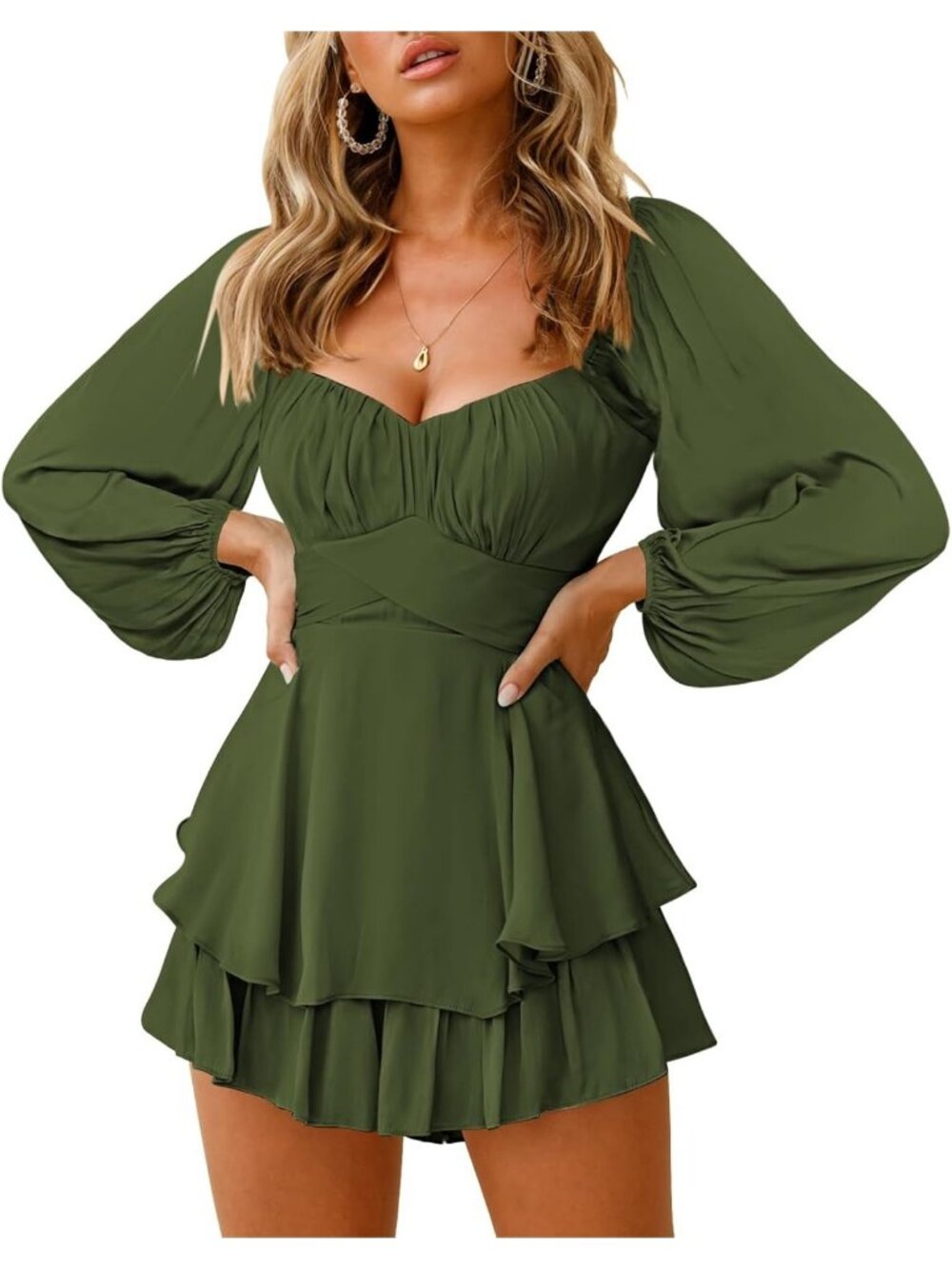 Women's Army Green Off Shoulder Lantern Long Sleeve Ruffle Tie Mini Short Romper